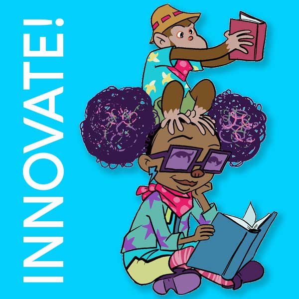 Children's Alley Innovate, Rita and Stanza the monkey read books.